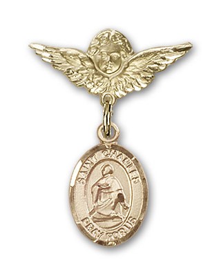 Pin Badge with St. Charles Borromeo Charm and Angel with Smaller Wings Badge Pin - 14K Solid Gold