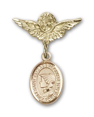 Pin Badge with St. Elizabeth Ann Seton Charm and Angel with Smaller Wings Badge Pin - Gold Tone