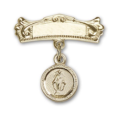 Baby Pin with Miraculous Charm and Arched Polished Engravable Badge Pin - 14K Solid Gold