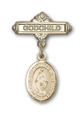Baby Badge with Miraculous Charm and Godchild Badge Pin - 14K Solid Gold