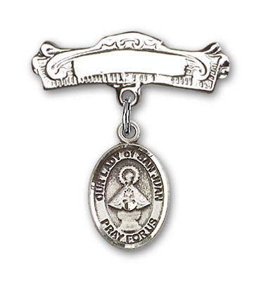 Pin Badge with Our Lady of San Juan Charm and Arched Polished Engravable Badge Pin - Silver tone