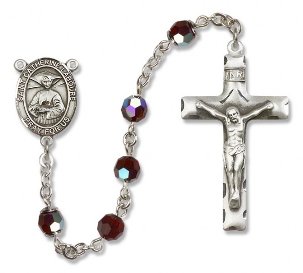 St. Catherine Laboure Sterling Silver Heirloom Rosary Squared Crucifix - Garnet