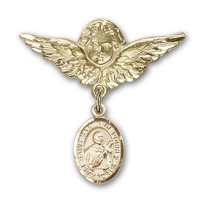 Pin Badge with St. Martin de Porres Charm and Angel with Larger Wings Badge Pin - Gold Tone