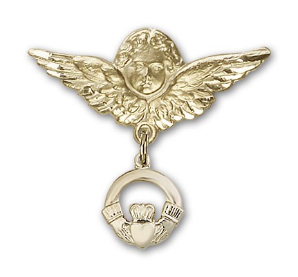 Pin Badge with Claddagh Charm and Angel with Larger Wings Badge Pin - Gold Tone