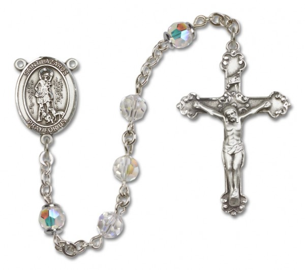 St. Lazarus Sterling Silver Heirloom Rosary Fancy Crucifix - Crystal