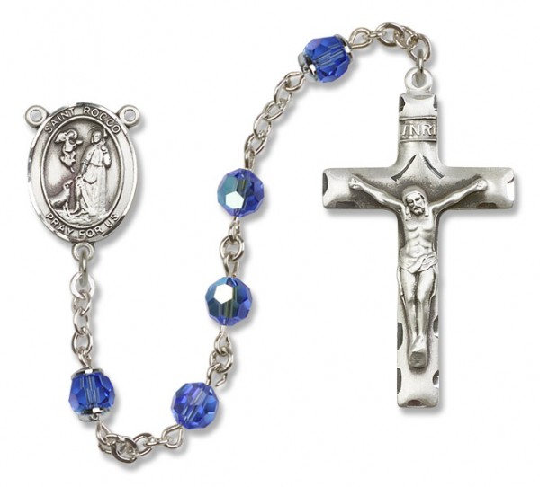 St. Rocco Sterling Silver Heirloom Rosary Squared Crucifix - Sapphire