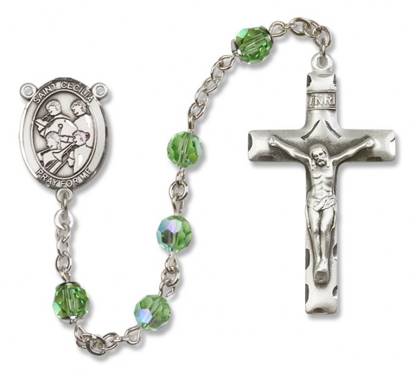 St. Cecilia with Marching Band Sterling Silver Heirloom Rosary Squared Crucifix - Peridot