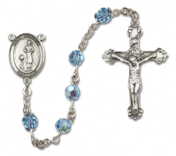 St. Genesius of Rome Sterling Silver Heirloom Rosary Fancy Crucifix - Aqua