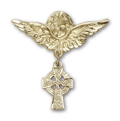 Pin Badge with Celtic Cross Charm and Angel with Larger Wings Badge Pin - Gold Tone