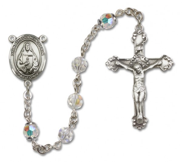 St. Theodora Guerin Sterling Silver Heirloom Rosary Fancy Crucifix - Crystal