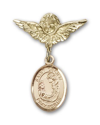 Pin Badge with St. Cecilia Charm and Angel with Smaller Wings Badge Pin - 14K Solid Gold