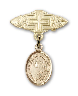 Pin Badge with Footprints Cross Charm and Badge Pin with Cross - 14K Solid Gold
