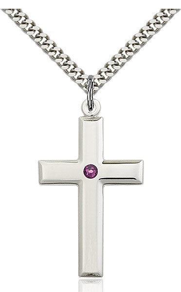 Large Plain Cross Pendant with Birthstone Options - Amethyst
