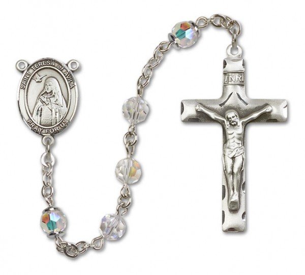 St. Teresa of Avila Sterling Silver Heirloom Rosary Squared Crucifix - Crystal