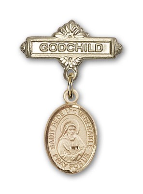 Pin Badge with St. Bede the Venerable Charm and Godchild Badge Pin - Gold Tone