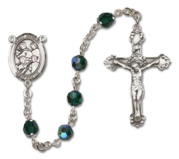 St. Cecilia with Marching Band Sterling Silver Heirloom Rosary Fancy Crucifix - Emerald Green