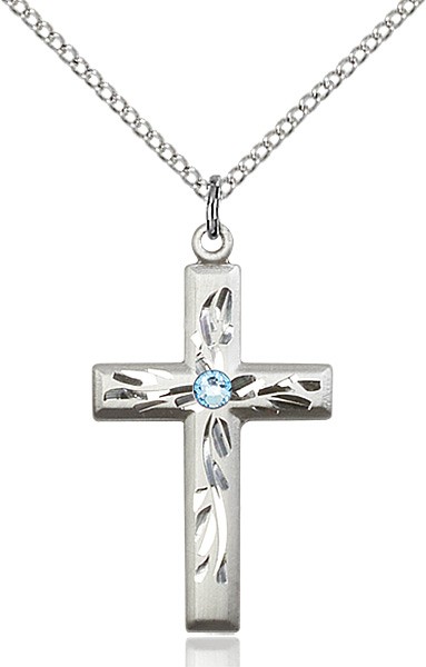 Squared Edge Cross with Vine Etching with Birthstone Options - Aqua