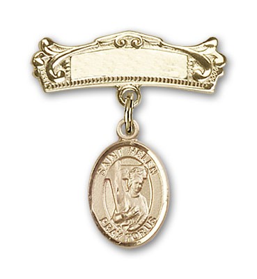 Pin Badge with St. Helen Charm and Arched Polished Engravable Badge Pin - Gold Tone