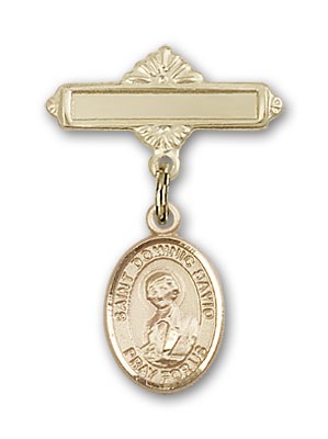 Pin Badge with St. Dominic Savio Charm and Polished Engravable Badge Pin - 14K Solid Gold