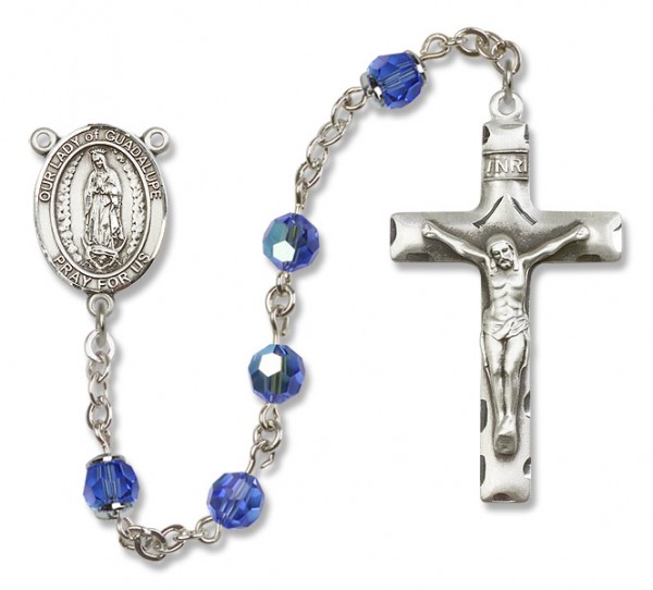 Our Lady of Guadalupe Sterling Silver Heirloom Rosary Squared Crucifix - Sapphire