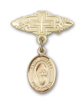 Pin Badge with St. Sharbel Charm and Badge Pin with Cross - Gold Tone