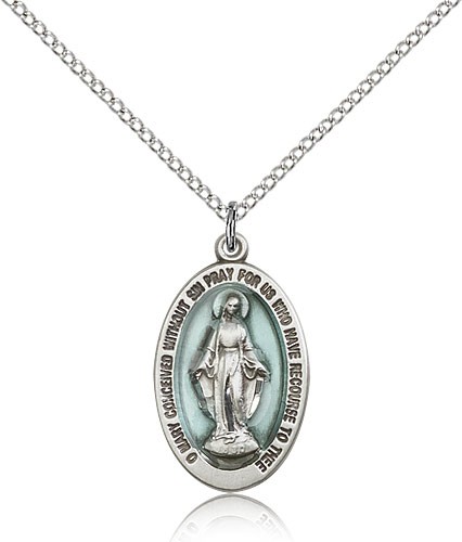 Women's Blue Enamel Center Miraculous Medal Pendant - Silver | Blue