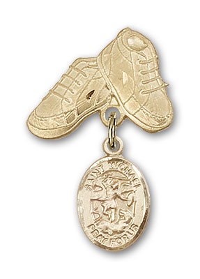 Pin Badge with St. Michael the Archangel Charm and Baby Boots Pin - Gold Tone