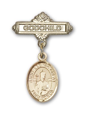 Pin Badge with St. Leo the Great Charm and Godchild Badge Pin - 14K Solid Gold