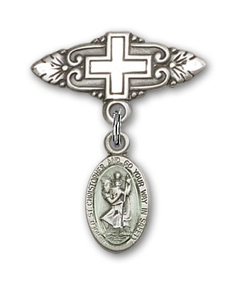 Pin Badge with St. Christopher Charm and Badge Pin with Cross - Sterling Silver | Blue Enamel