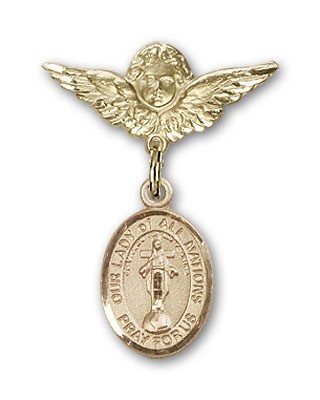 Pin Badge with Our Lady of All Nations Charm and Angel with Smaller Wings Badge Pin - Gold Tone
