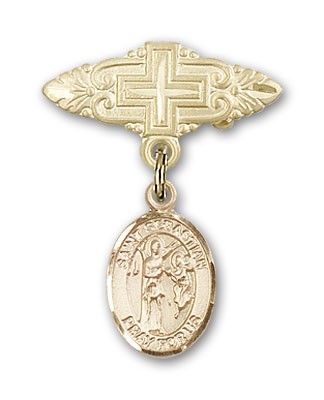 Pin Badge with St. Sebastian Charm and Badge Pin with Cross - Gold Tone