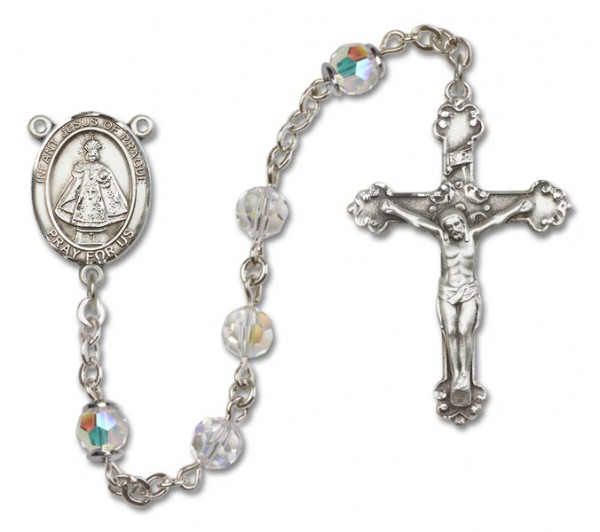 Infant of Prague Sterling Silver Heirloom Rosary Fancy Crucifix - Crystal