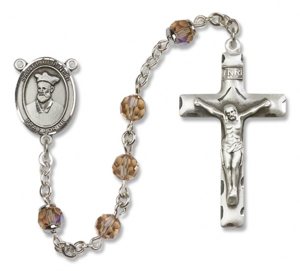 St. Philip Neri Sterling Silver Heirloom Rosary Squared Crucifix - Topaz