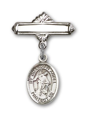 Pin Badge with Guardian Angel Charm and Polished Engravable Badge Pin - Silver tone