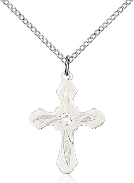 Youth Cross Pendant with Pointed Etching Birthstone Options - Crystal