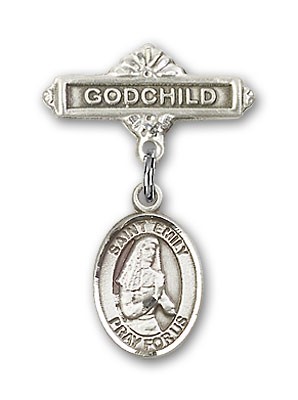 Pin Badge with St. Emily de Vialar Charm and Godchild Badge Pin - Silver tone