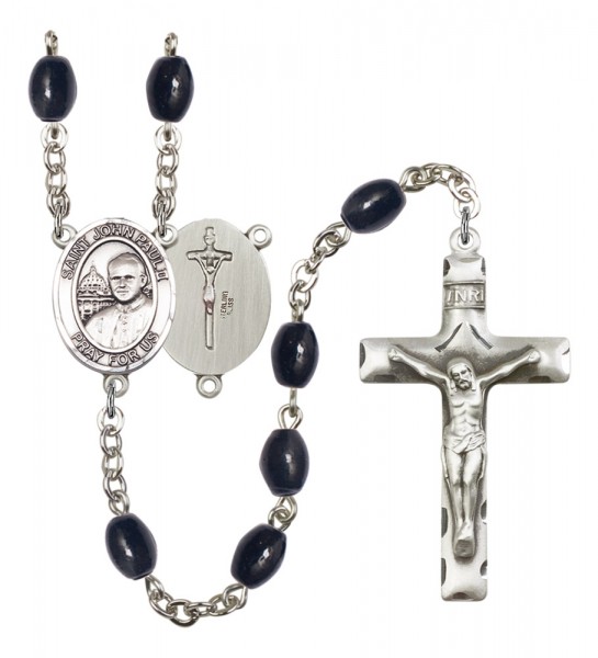 Men's St. John Paul II Silver Plated Rosary - Black Oval