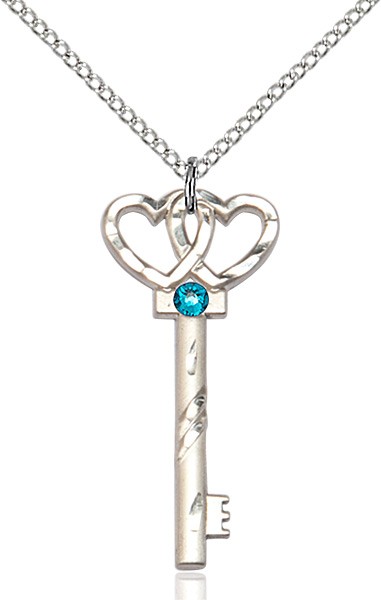 Small Key with Double Heart Pendant and Birthstone - Zircon