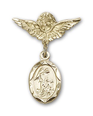 Baby Pin with Guardian Angel Charm and Angel with Smaller Wings Badge Pin - Gold Tone