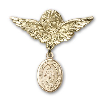 Pin Badge with Miraculous Charm and Angel with Larger Wings Badge Pin - Gold Tone