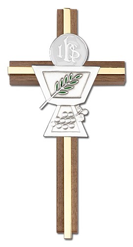 First Communion Chalice and Holy Host Wall Cross in Walnut Wood and Metal Inlay - 6 inch - Two-Tone Gold