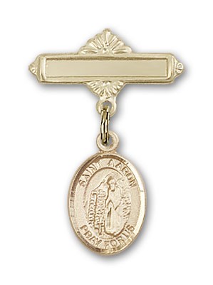 Pin Badge with St. Aaron Charm and Polished Engravable Badge Pin - Gold Tone