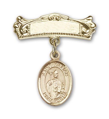 Pin Badge with St. Kilian Charm and Arched Polished Engravable Badge Pin - Gold Tone