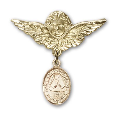 Pin Badge with St. Katherine Drexel Charm and Angel with Larger Wings Badge Pin - Gold Tone