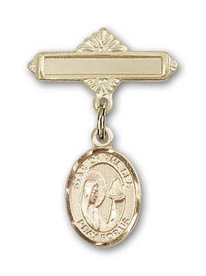 Pin Badge with Our Lady Star of the Sea Charm and Polished Engravable Badge Pin - Gold Tone