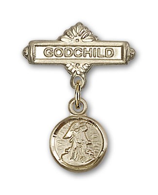 Baby Pin with Guardian Angel Charm and Godchild Badge Pin - Gold Tone