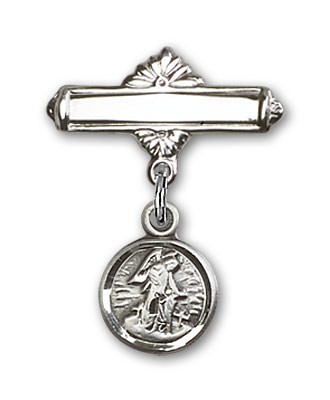 Baby Pin with Guardian Angel Charm and Polished Engravable Badge Pin - Silver tone