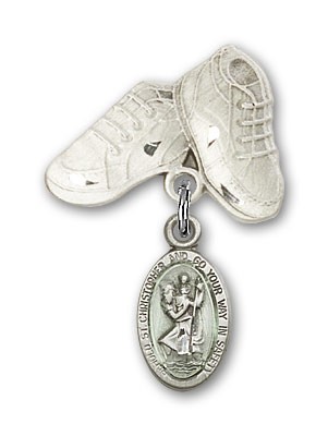 Pin Badge with St. Christopher Charm and Baby Boots Pin - Sterling Silver | Blue Enamel