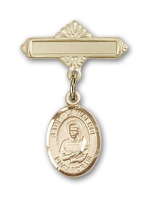 Pin Badge with St. Lawrence Charm and Polished Engravable Badge Pin - 14K Solid Gold