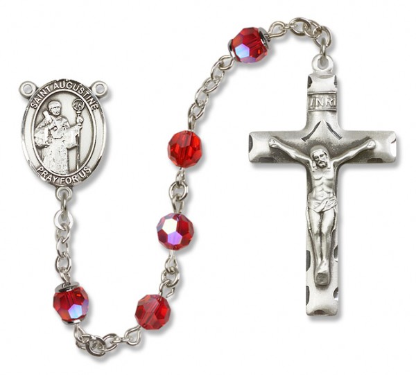 St. Augustine Sterling Silver Heirloom Rosary Squared Crucifix - Ruby Red